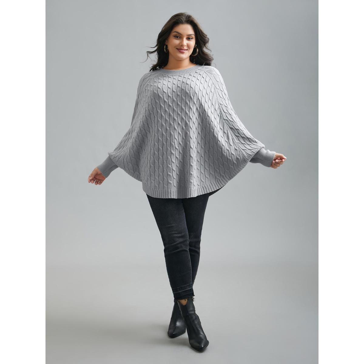 Plus Size Cable Knit Dolman Sleeve Curved Hem Pullover LightGray Women Casual Loose Long Sleeve Round Neck Everyday Pullovers BloomChic 28/5X Product Image