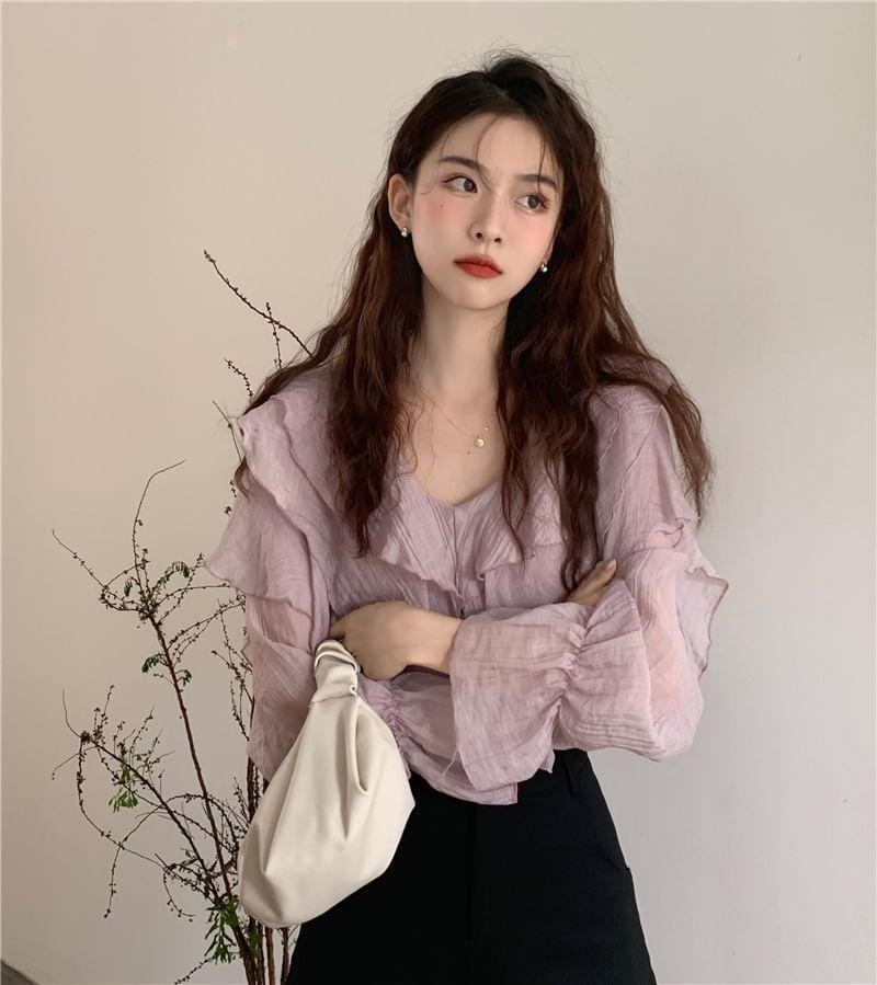 Ruffle Sleeve V-Neck Plain Ruffle Blouse Product Image
