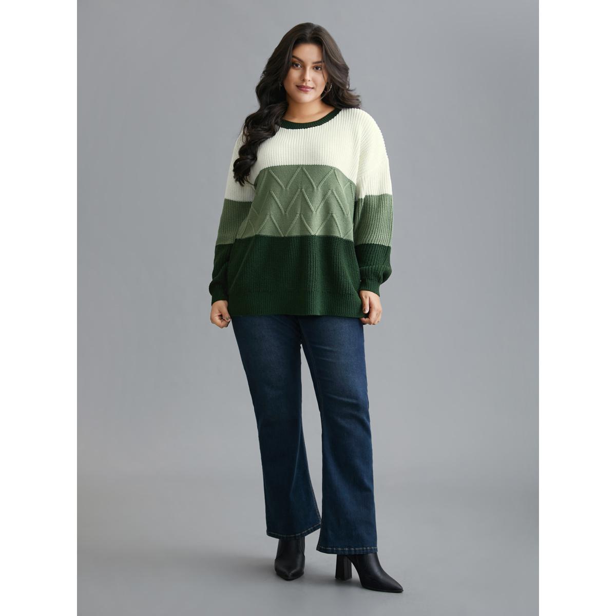 Plus Size Textured Color Block Round Neck Pullover DarkGreen Women Casual Loose Long Sleeve Round Neck Everyday Pullovers BloomChic 28/5X Product Image