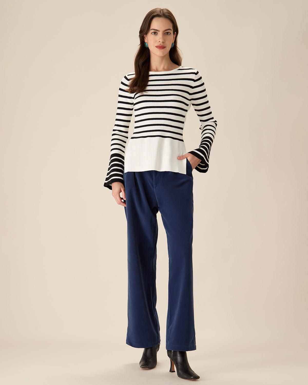 White Striped Boat Neck Sweater Product Image
