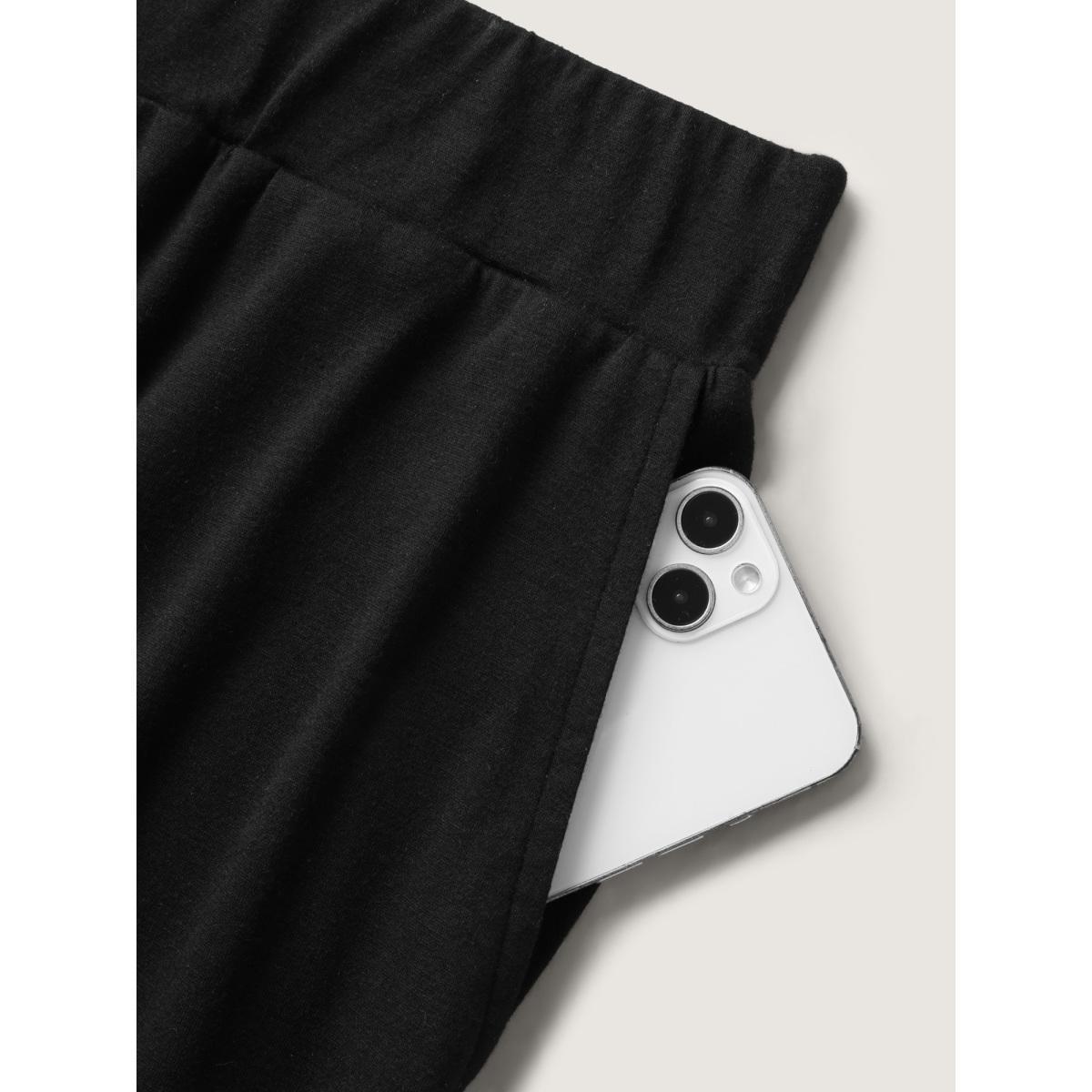 Plus Size Stretchy Straight-Leg Gathered Hem Pants Women Black Casual Mid Rise Everyday-Casual Pants BloomChic 26/4X Product Image