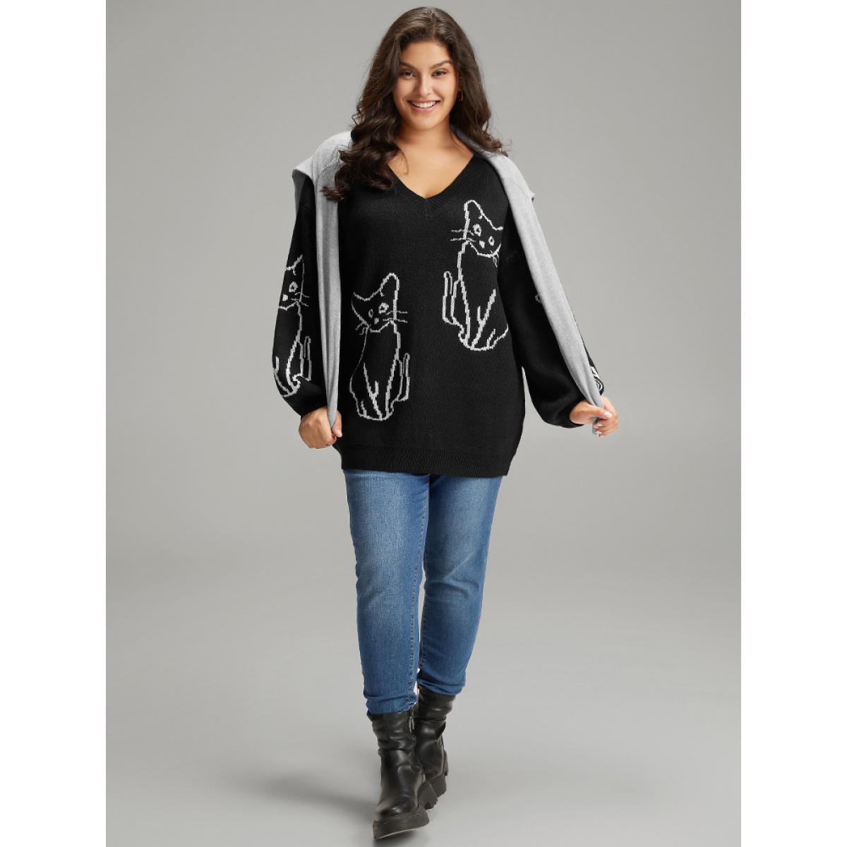 Plus Size Supersoft Essentials Cat Print V Neck Pullover Black Women Casual Long Sleeve V-neck Dailywear Pullovers BloomChic 14-16/1X Product Image