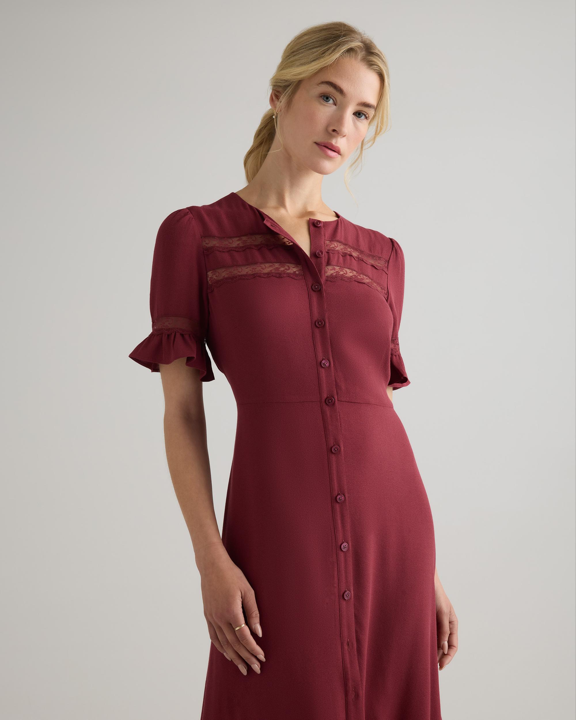 Quince | Women's Lightweight Crepe Lace Inset Midi Dress Viscose Product Image