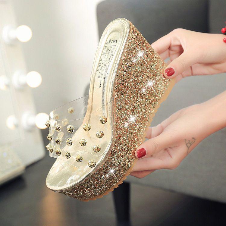 Glittered Wedge Slide Sandals Product Image
