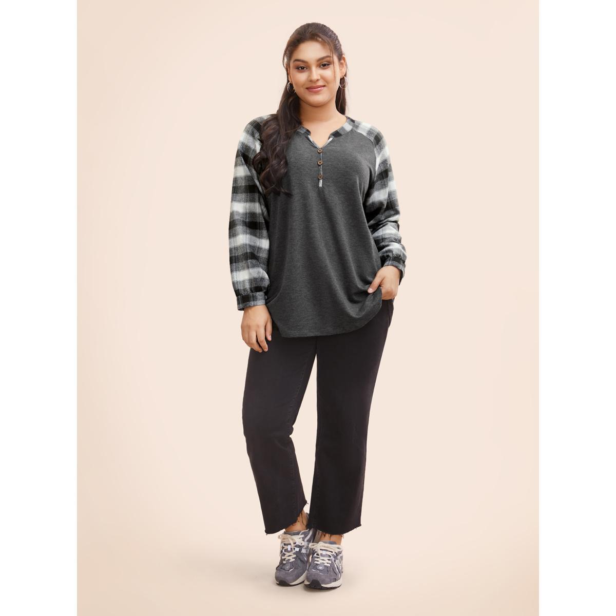 Plus Size Plaid Patchwork Notched Button Detail Sweatshirt Women DimGray Casual Patchwork Notched collar Everyday Sweatshirts BloomChic 10/M Product Image