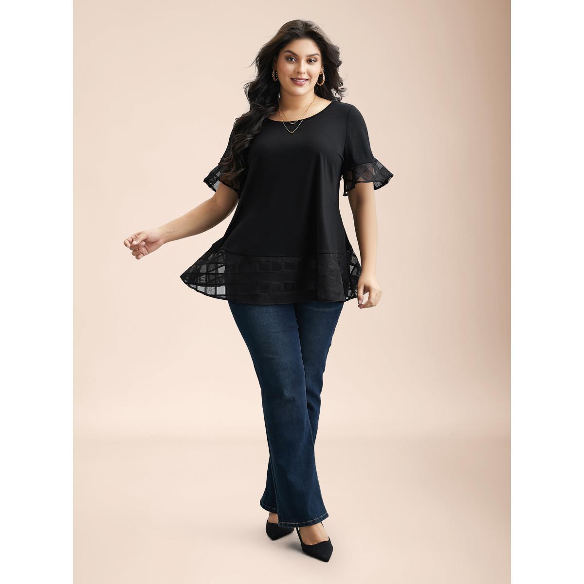 Plus Size Sheer Patchwork Ruffle Round Neck T-Shirt Black Women Elegant Patchwork Round Neck Everyday T-shirts BloomChic 22-24/3X Product Image