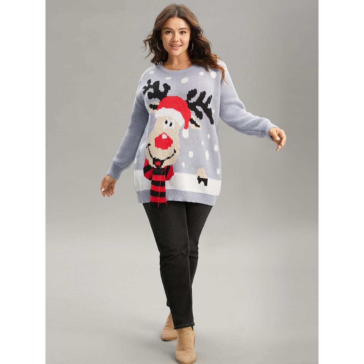 Plus Size Christmas Elk Crew Neck Elastic Cuffs Pullover DarkGray Women Casual Loose Long Sleeve Round Neck Festival-Christmas Pullovers BloomChic 30/6X Product Image