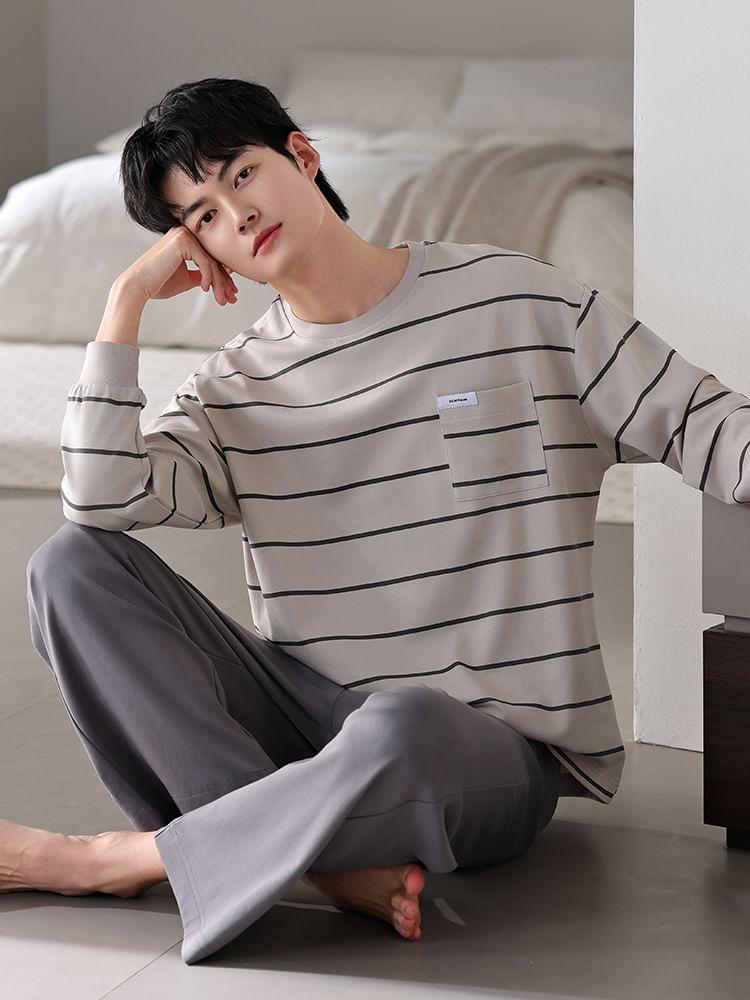 Pajama Set: Long-Sleeve Round Neck Striped Pocket Detail T-Shirt + Plain Pants Product Image