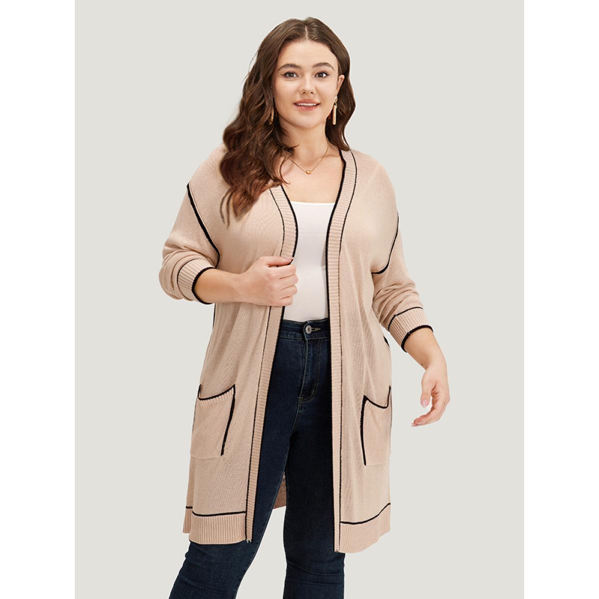 Plus Size Contrast Trim Patched Pocket Drop Shoulder Cardigan Champagne Women Casual Loose Long Sleeve Everyday Cardigans BloomChic 26/4X Product Image