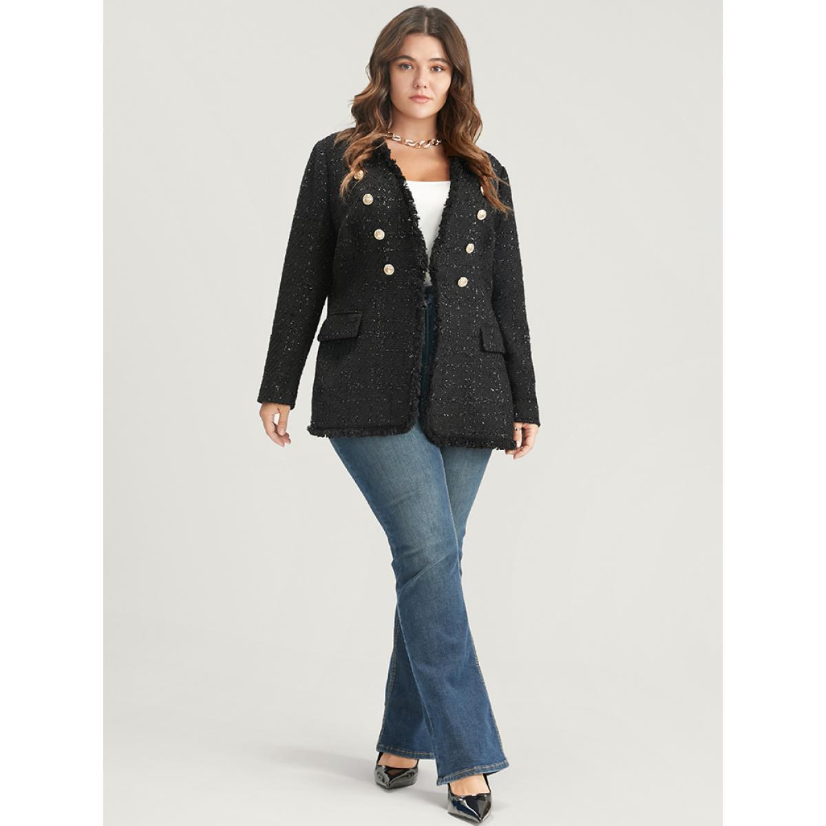 Plus Size Solid Flap Pocket Button Detail Blazer Black Women Going out Plain Button Sleeve Long Sleeve V-neck 18-20/2X Pocket Party Blazers BloomChic Product Image
