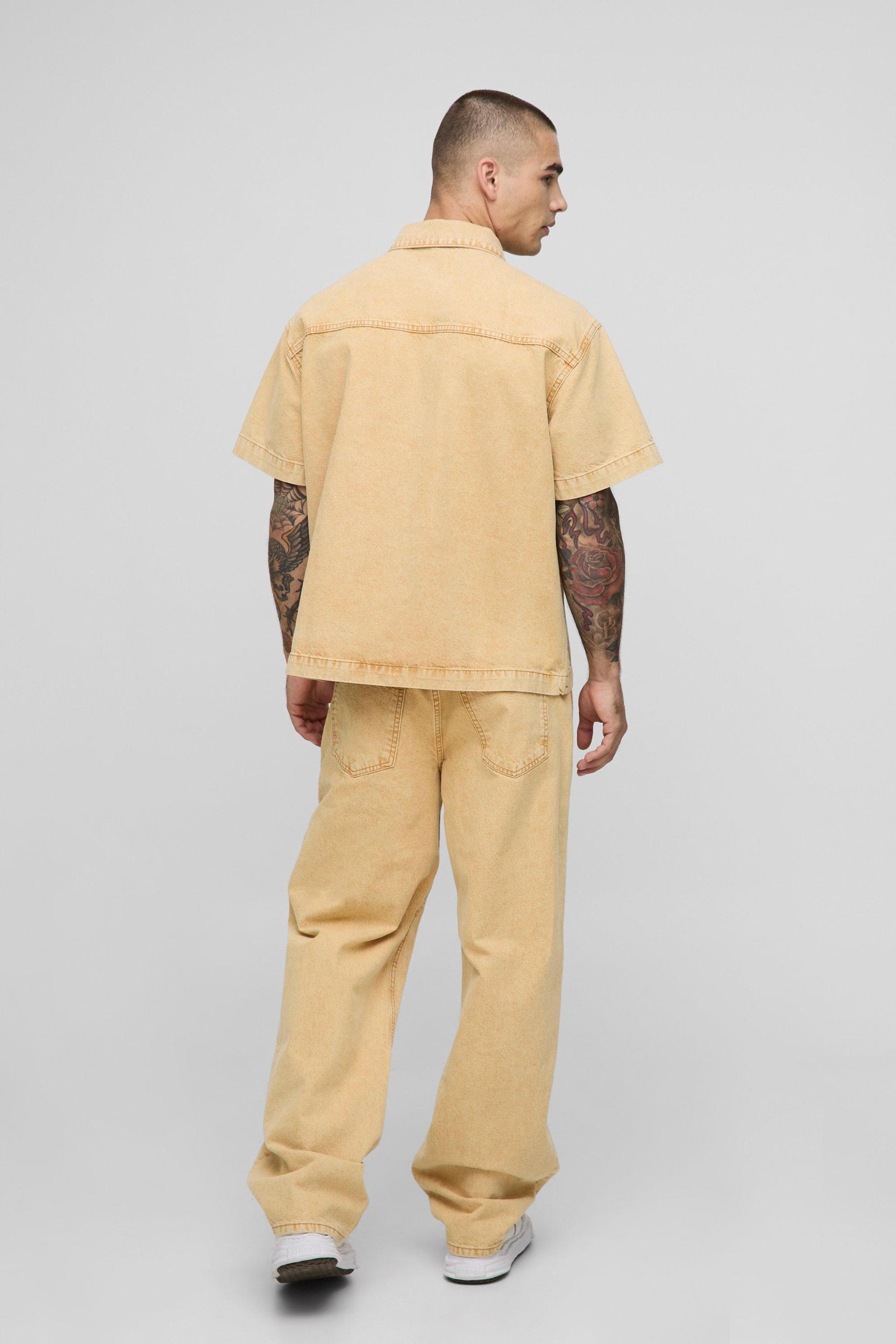 Boxy Short Sleeve 1/4 Zip Tinted Denim Shirt | boohooMAN USA Product Image