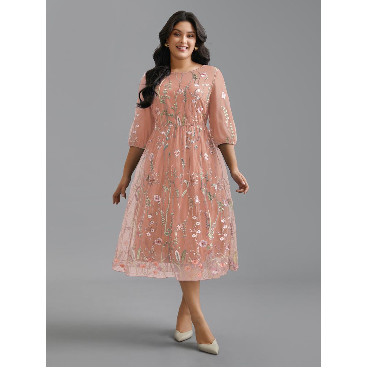 Plus Size Floral Embroidered Elastic Waist Lined Midi Dress Blush Women Cocktail Texture Party Curvy Bloomchic 26/4X Product Image