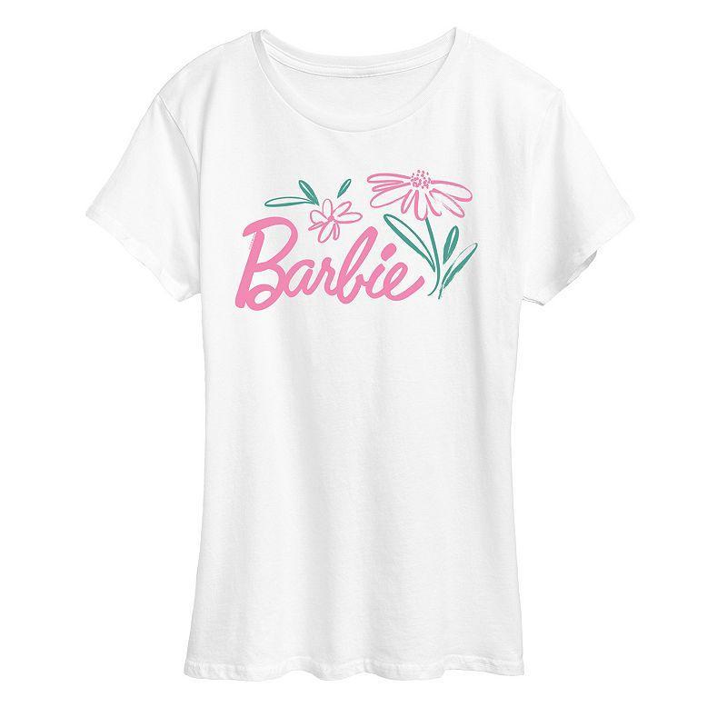Womens Barbie Logo Brushed Flowers Graphic Tee Product Image