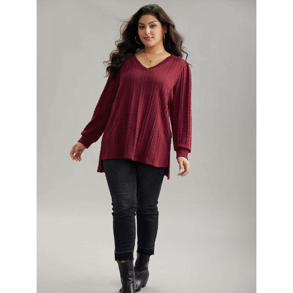 Plus Size Plain Cable Knit Elastic Cuffs Sweatshirt Women Raspberry Casual Texture V-neck Dailywear Sweatshirts BloomChic 30/6X Product Image