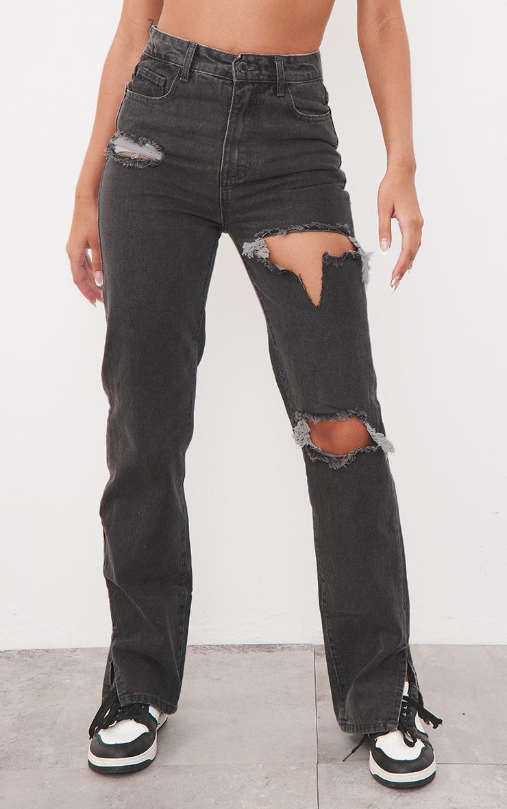 Washed Grey Ripped Split Hem Jeans Product Image