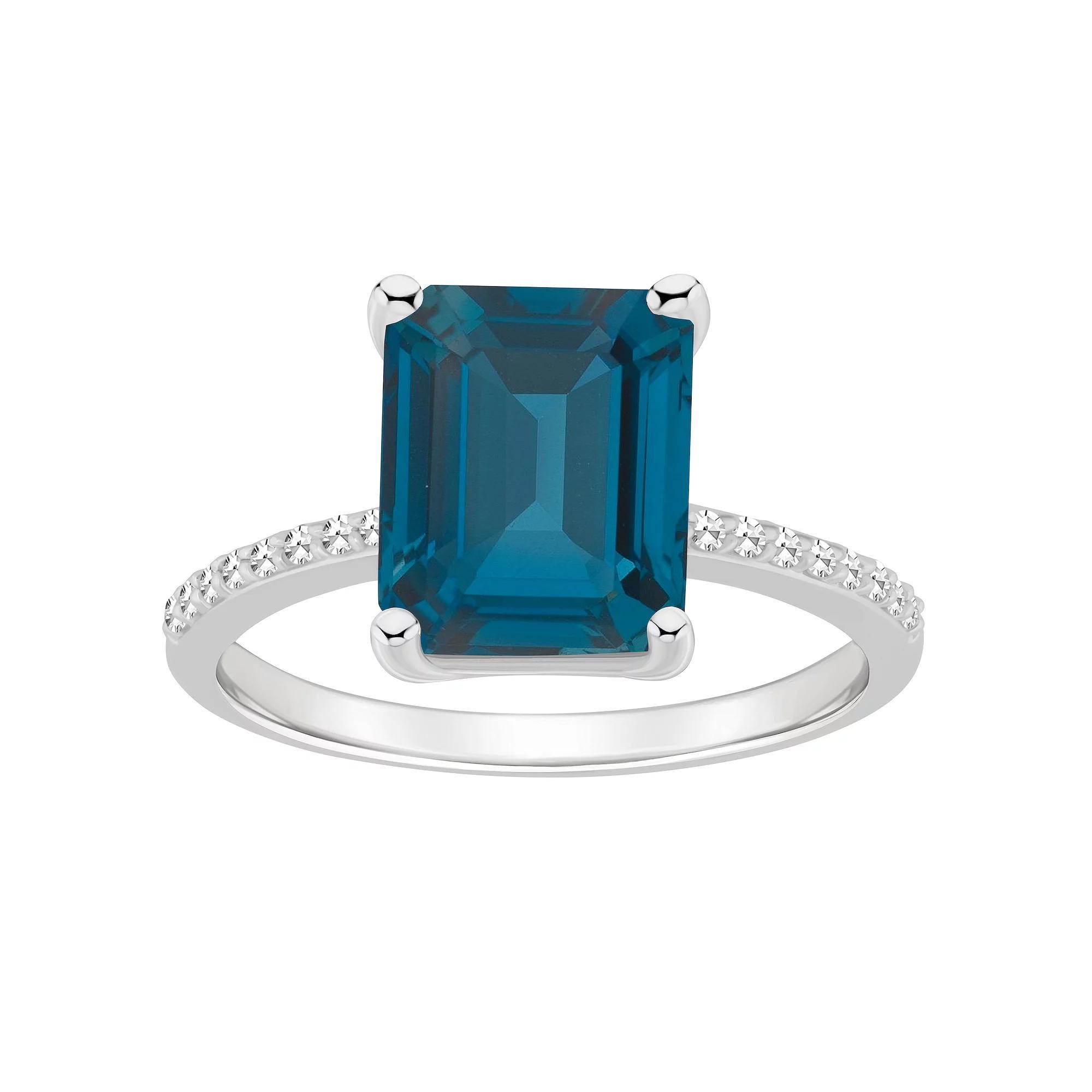 Alyson Layne Sterling Silver 10 mm x 8 mm Emerald Cut Gemstone & 1/10 Carat T.W. Diamond Ring, Women's, Size: 9, London Blue Topaz Product Image