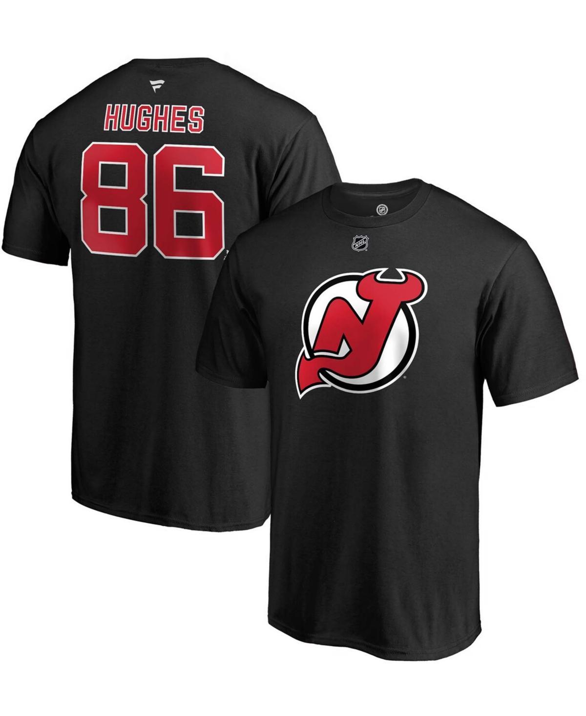 Mens Fanatics Branded Jack Hughes Black New Jersey Devils Authentic Stack Name & Number T-Shirt Product Image