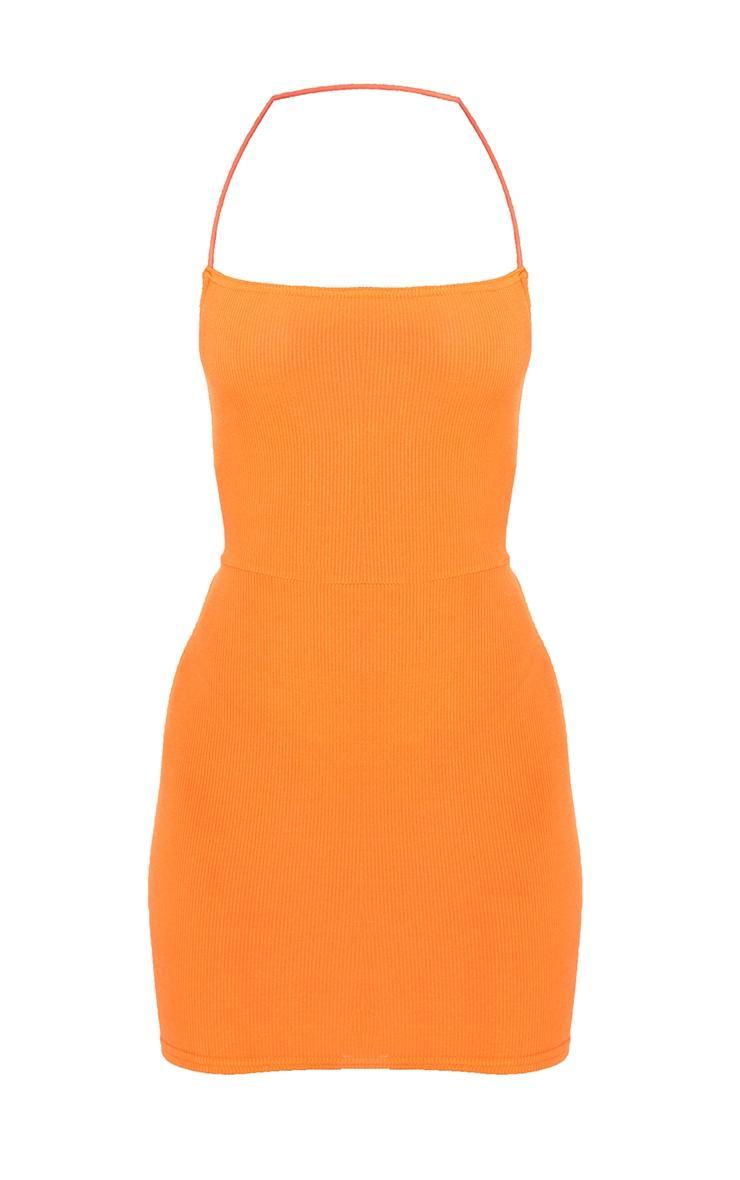 Orange Ribbed Lace Up Back Bodycon Dress Product Image