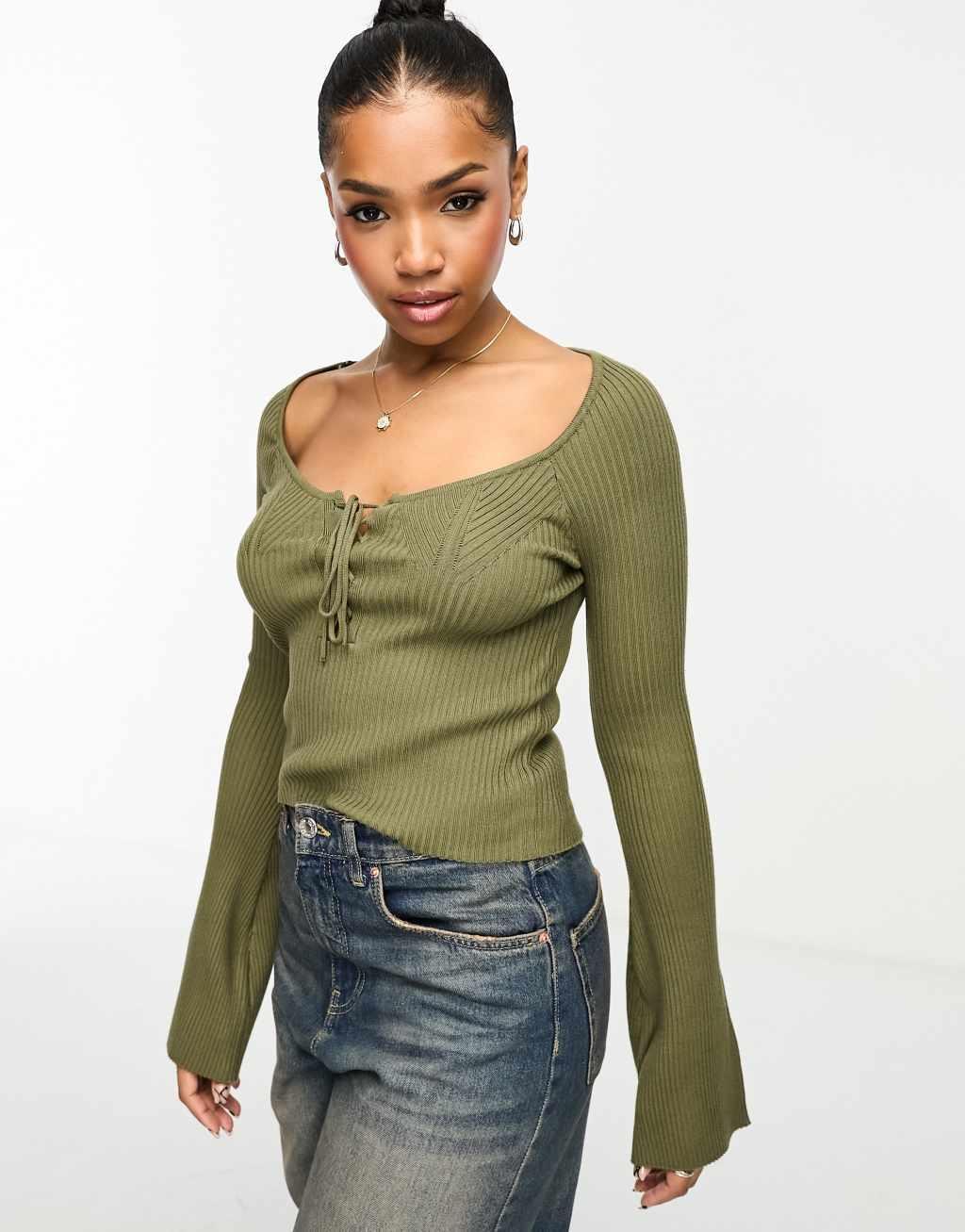 Miss Selfridge lace up detail sweetheart neck flare sleeve knit rib top Product Image