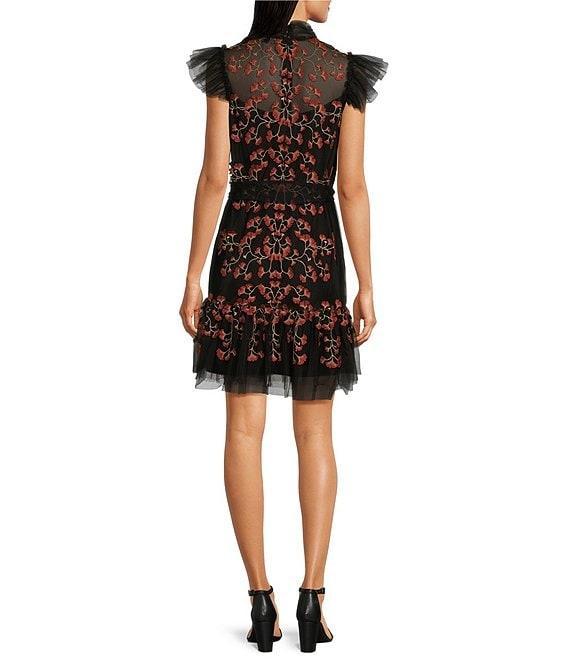 Alex Marie Liesl Floral Embroidered Mesh Mock Neck Sheer Illusion Flutter Sleeve Tie at Waist A-Line Mini Dress Product Image