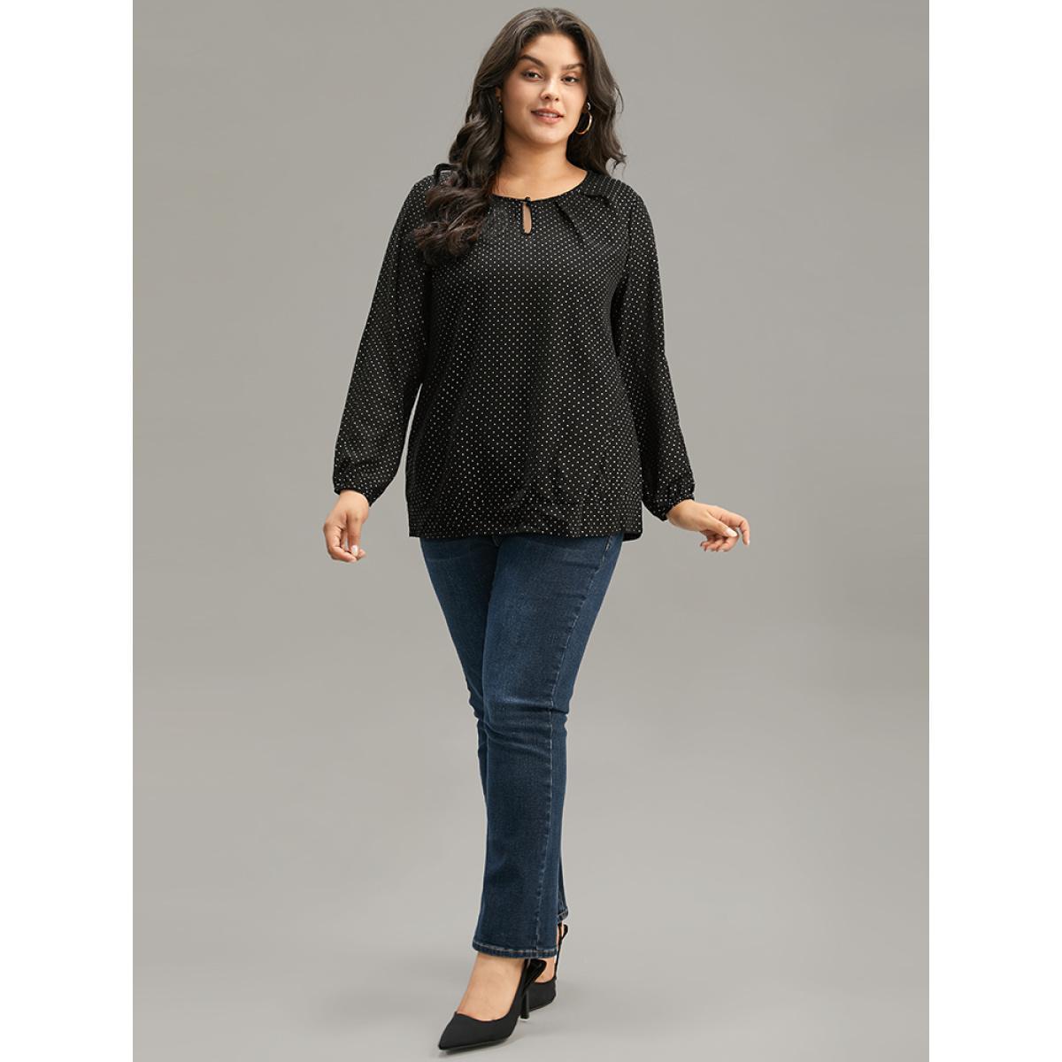 Plus Size BlackFlower Glitter Polka Dot Puff Sleeve Keyhole Blouse Women Elegant Long Sleeve Round Neck Dailywear Blouses BloomChic 22-24/3X Product Image