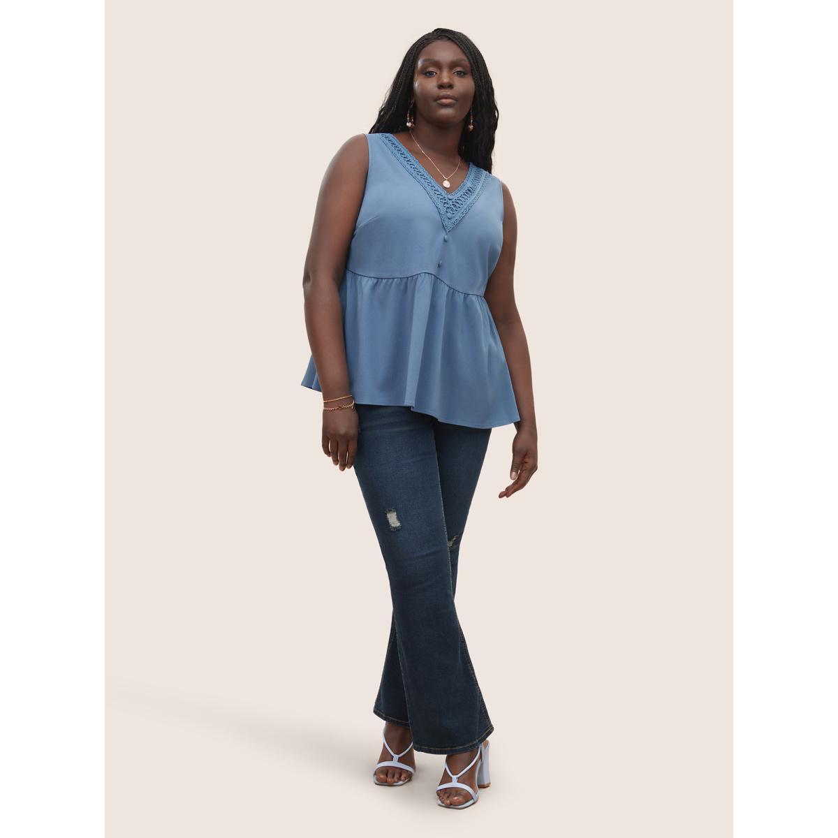 Plus Size Solid Lace Patchwork Gathered Tank Top Women Stone Elegant Button V-neck Everyday Tank Tops Camis BloomChic 14-16/1X Product Image