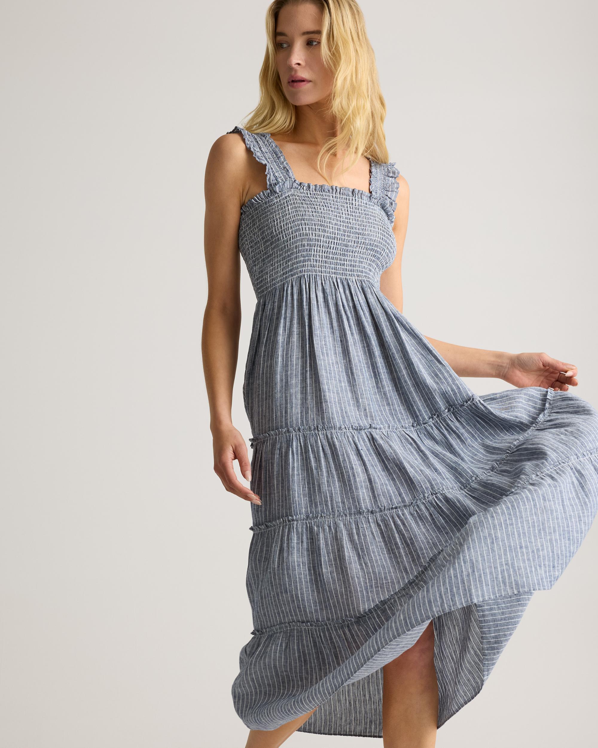100% European Linen Smocked Midi Dress Product Image