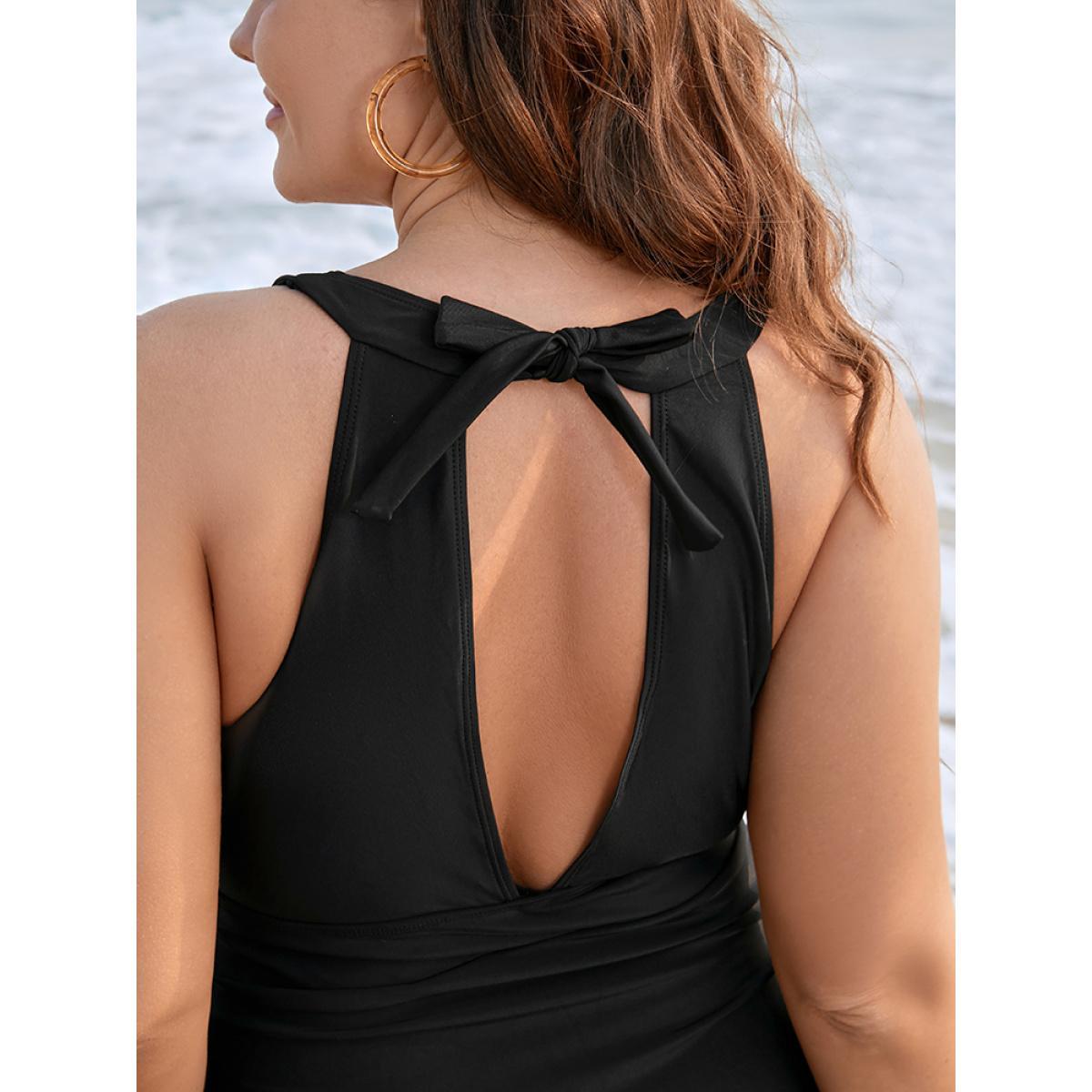Plus Size Halter Mesh Insert Knotted Back One Piece Swimsuit Women's Swimwear Black Vacation Tummy control Curve Bathing Suits High stretch One Pieces BloomChic 22-24/3X Product Image