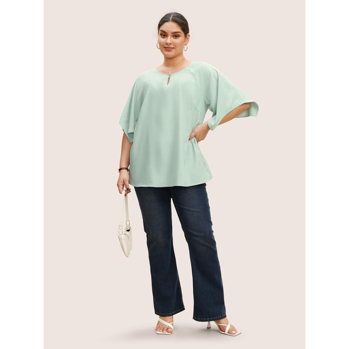 Plus Size Mint Solid Raglan Sleeve Keyhole Button Up Blouse Women Work From Home Elbow-length sleeve Notched collar Work Blouses BloomChic 26/4X Product Image
