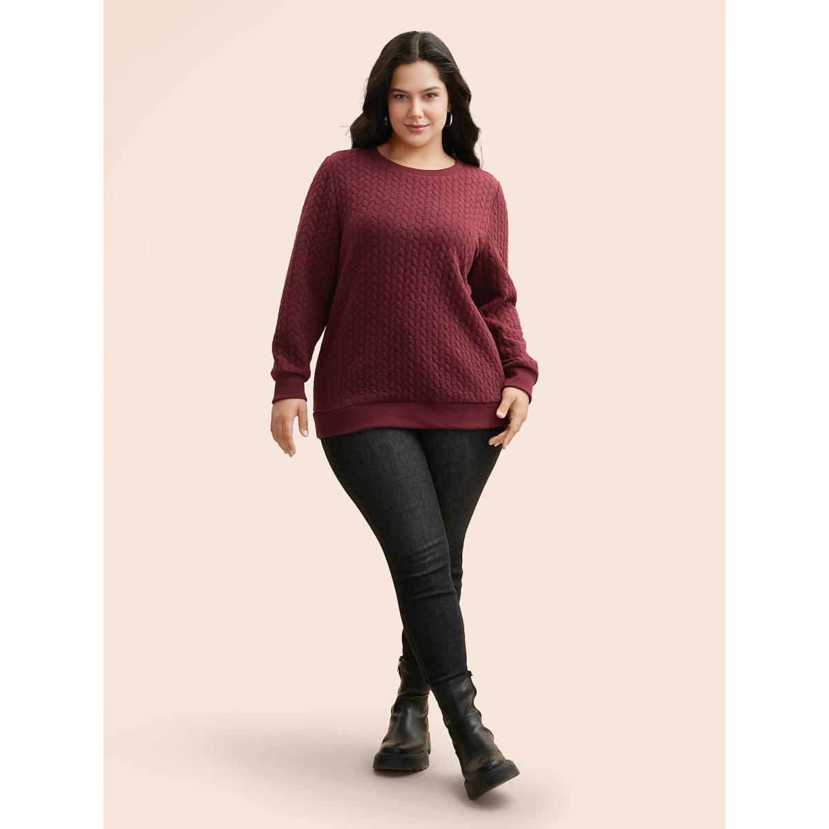Plus Size Plain Textured Slightly Stretchy Sweatshirt Women Burgundy Casual Texture Round Neck Everyday Sweatshirts BloomChic 12/L Product Image