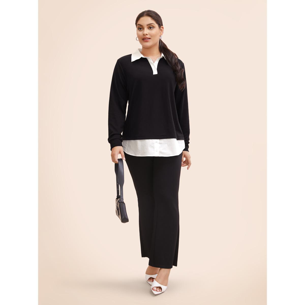 Plus Size 2-In-1 Shirt Collar Contrast Patchwork Sweatshirt Women Black Work From Home Contrast Shirt collar Work Sweatshirts BloomChic 12/L Product Image