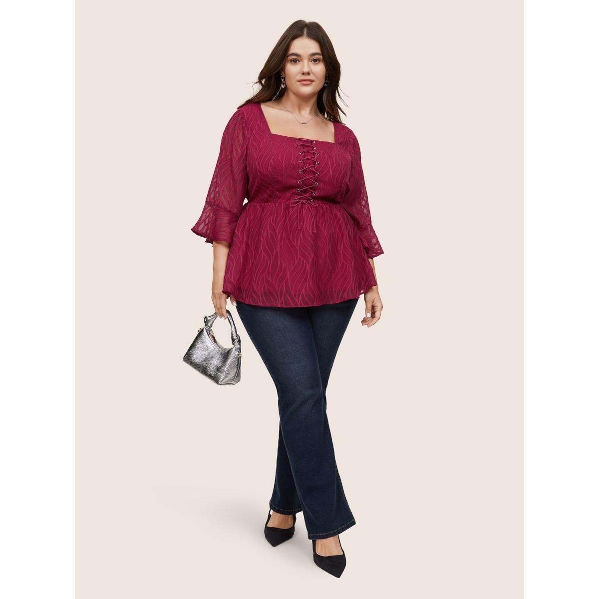 Plus Size Scarlet Chiffon Square Neck Lace Up Ruffles Blouse Women Elegant Elbow-length sleeve Square Neck Everyday Blouses BloomChic 28/5X Product Image