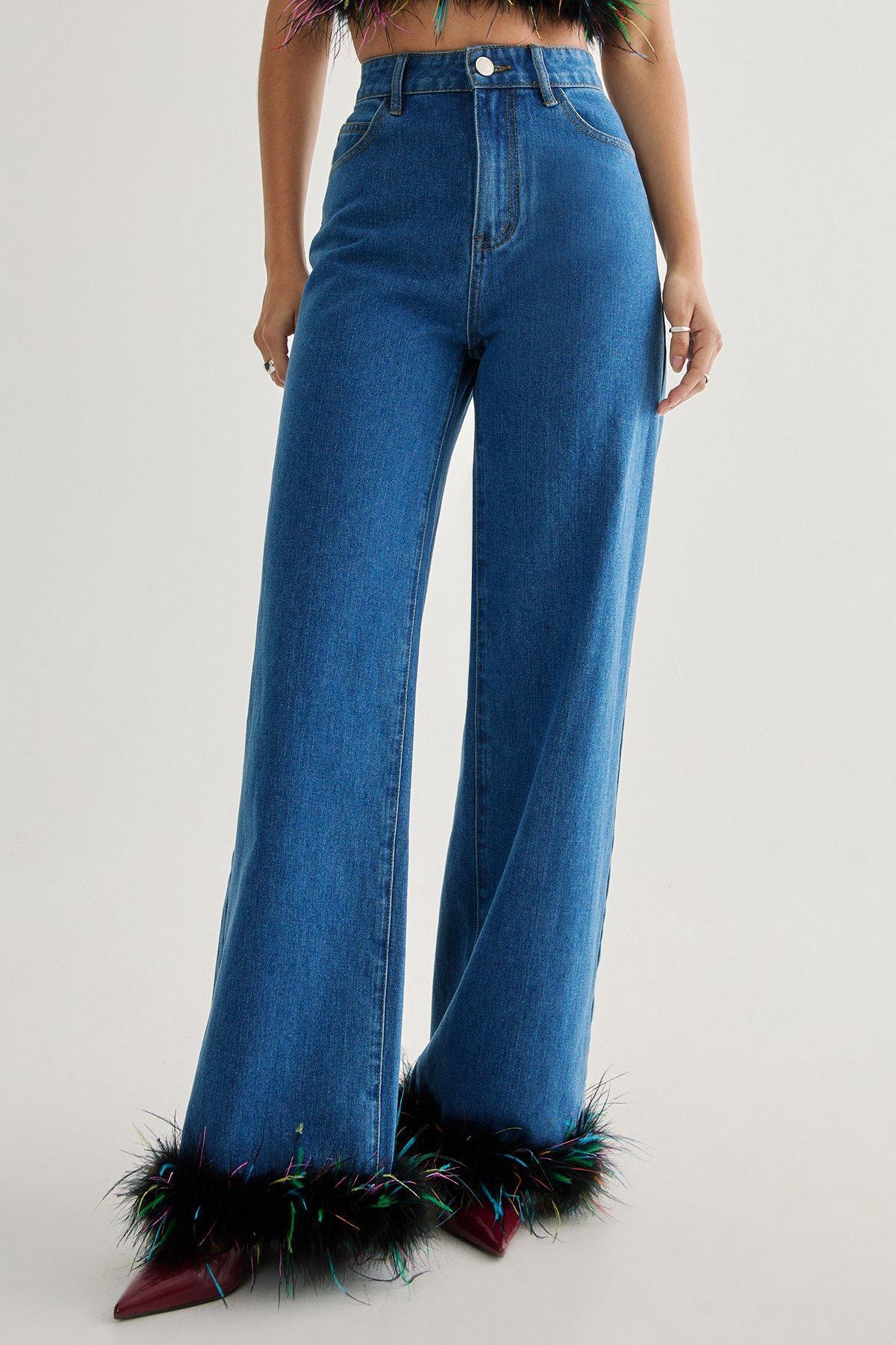 Limited Feather Trim Denim Jean Product Image