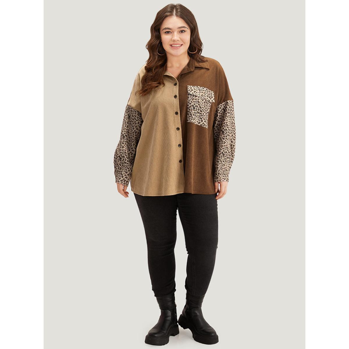 Plus Size Leopard Patchwork Pocket Contrast Button Through Coat Women DarkBrown Texture Pocket Dailywear Jackets BloomChic 22-24/3X Product Image