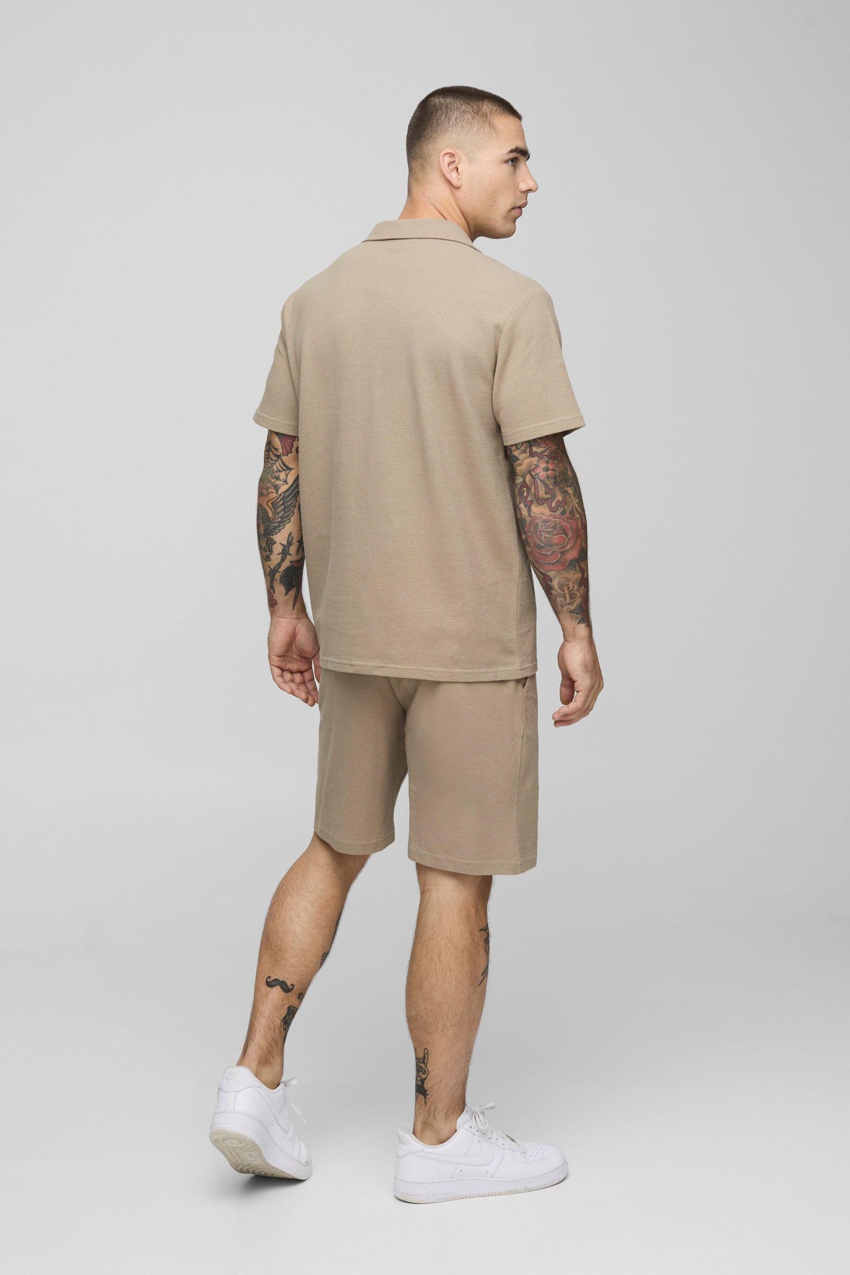 Pique Regular Short Sleeve Revere Shirt & Short Set | boohooMAN USA Product Image