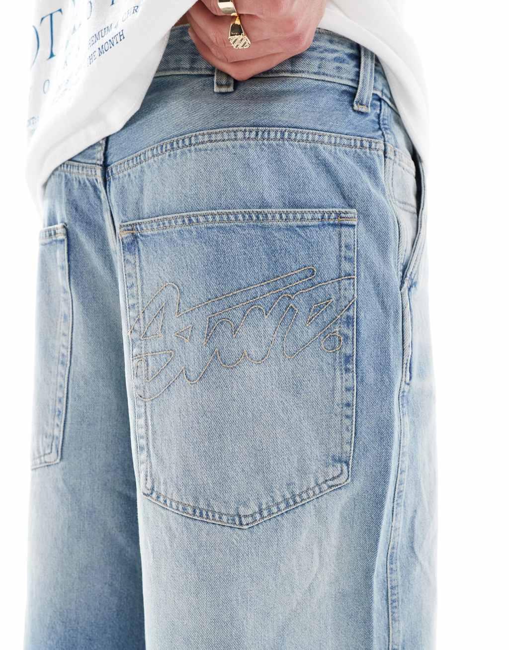 Pull&Bear super baggy denim shorts in washed blue Product Image