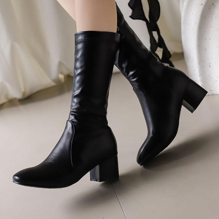 Block Heel Faux Leather Mid Calf Boots Product Image