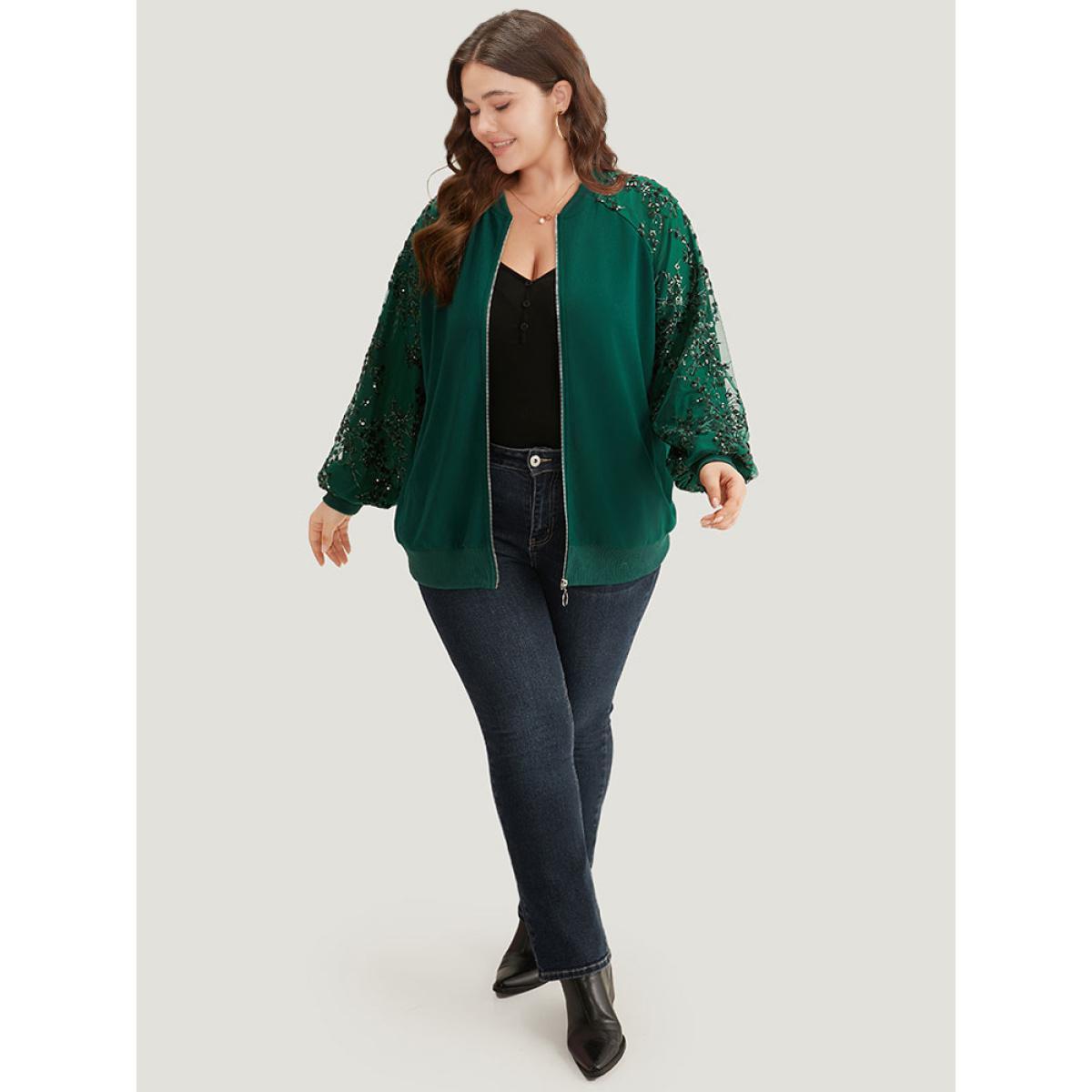 Plus Size Embroidered Patchwork Mesh Zipper Jacket Women Green Elastic cuffs Dailywear Jackets BloomChic 26/4X Product Image