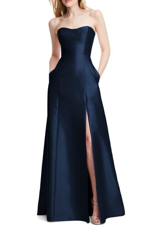 Womens Strapless A-line Satin Gown with Modern Bow Detail Product Image