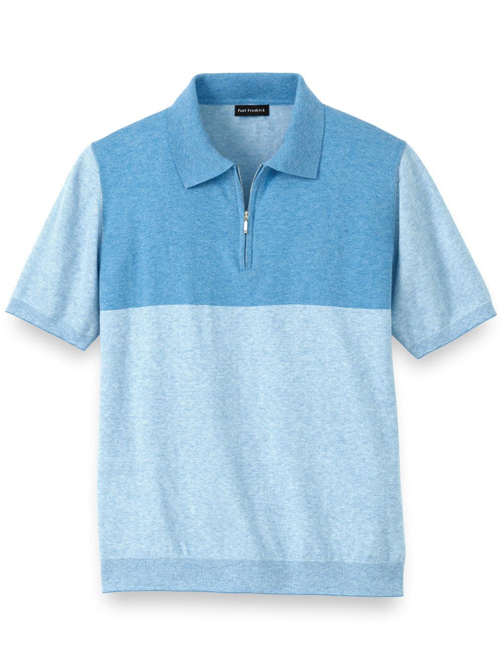 Cotton Blend Quarter Zip Polo - Blue Product Image