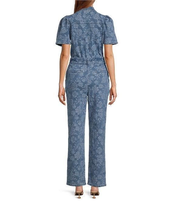 Skies Are Blue Denim Jacquard V-Neck Short Sleeve High Waisted Jumpsuit Product Image