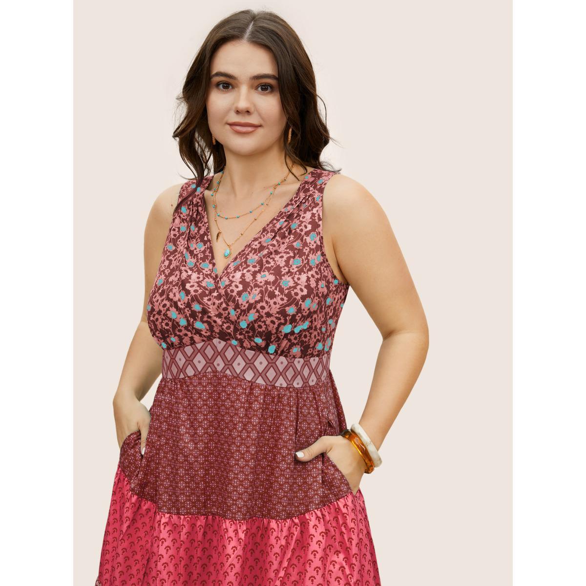 Plus Size Bandana Patchwork Floral Sleeveless Dress RedViolet Women Resort Pleated V-neck Sleeveless Curvy BloomChic 18-20/2X Product Image