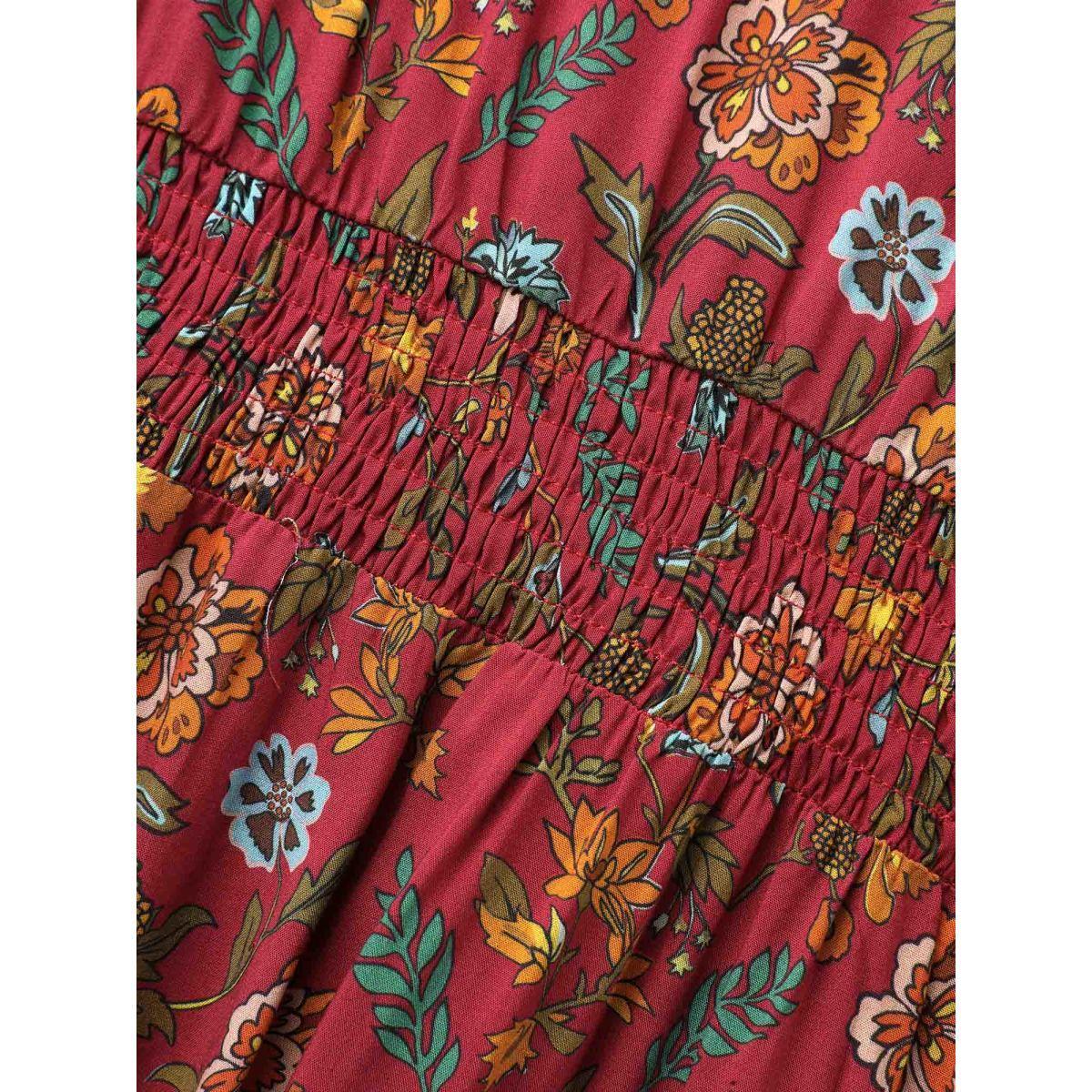 Plus Size V Neck Bandana Print Shirred Dress Burgundy Women Resort Shirred V-neck Elbow-length sleeve Curvy BloomChic 28/5X Product Image