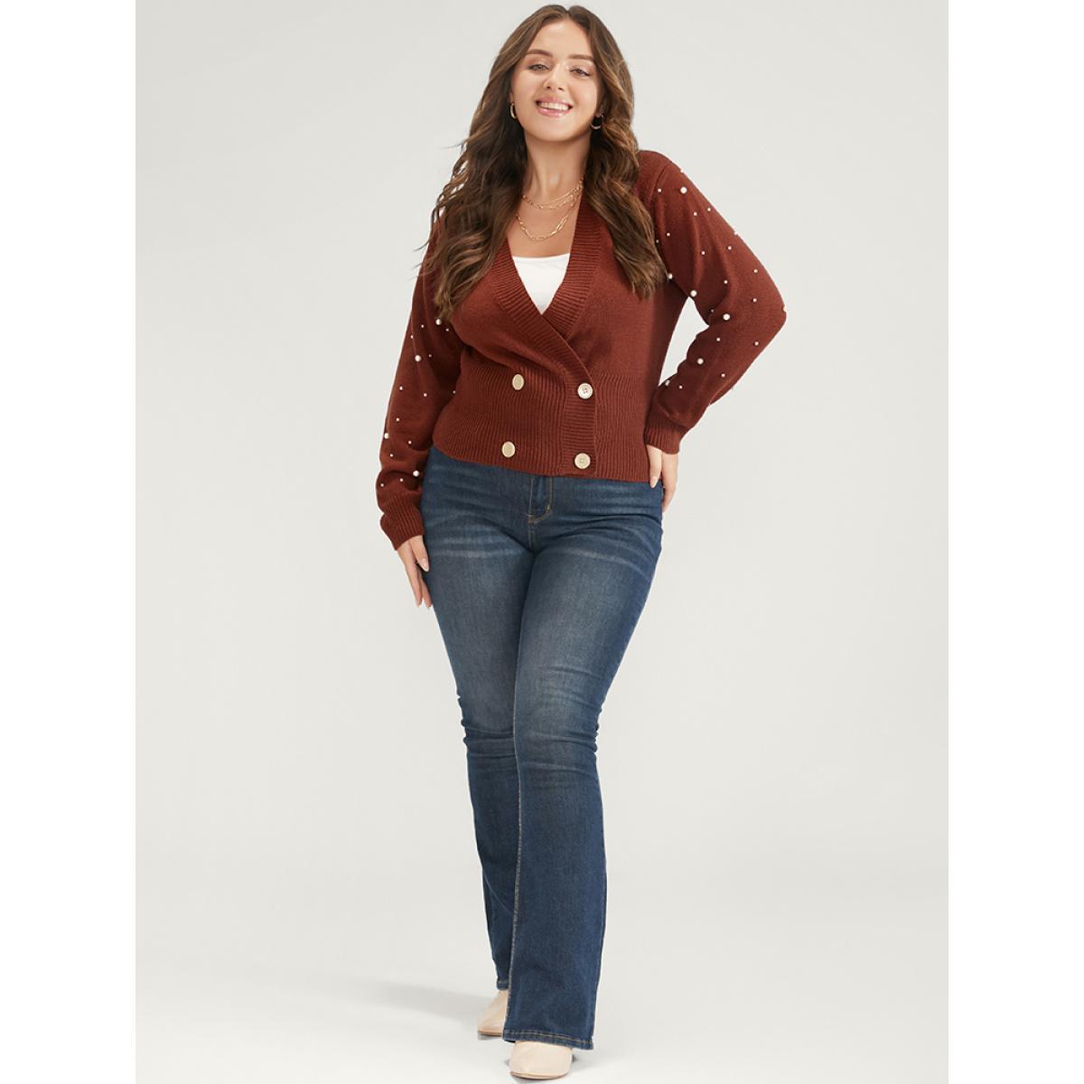Plus Size Solid Pointelle Knit Pearls Beaded Button Front Knit Top Maroon Women Elegant Long Sleeve Deep V-neck Dailywear Pullovers BloomChic 18-20/2X Product Image