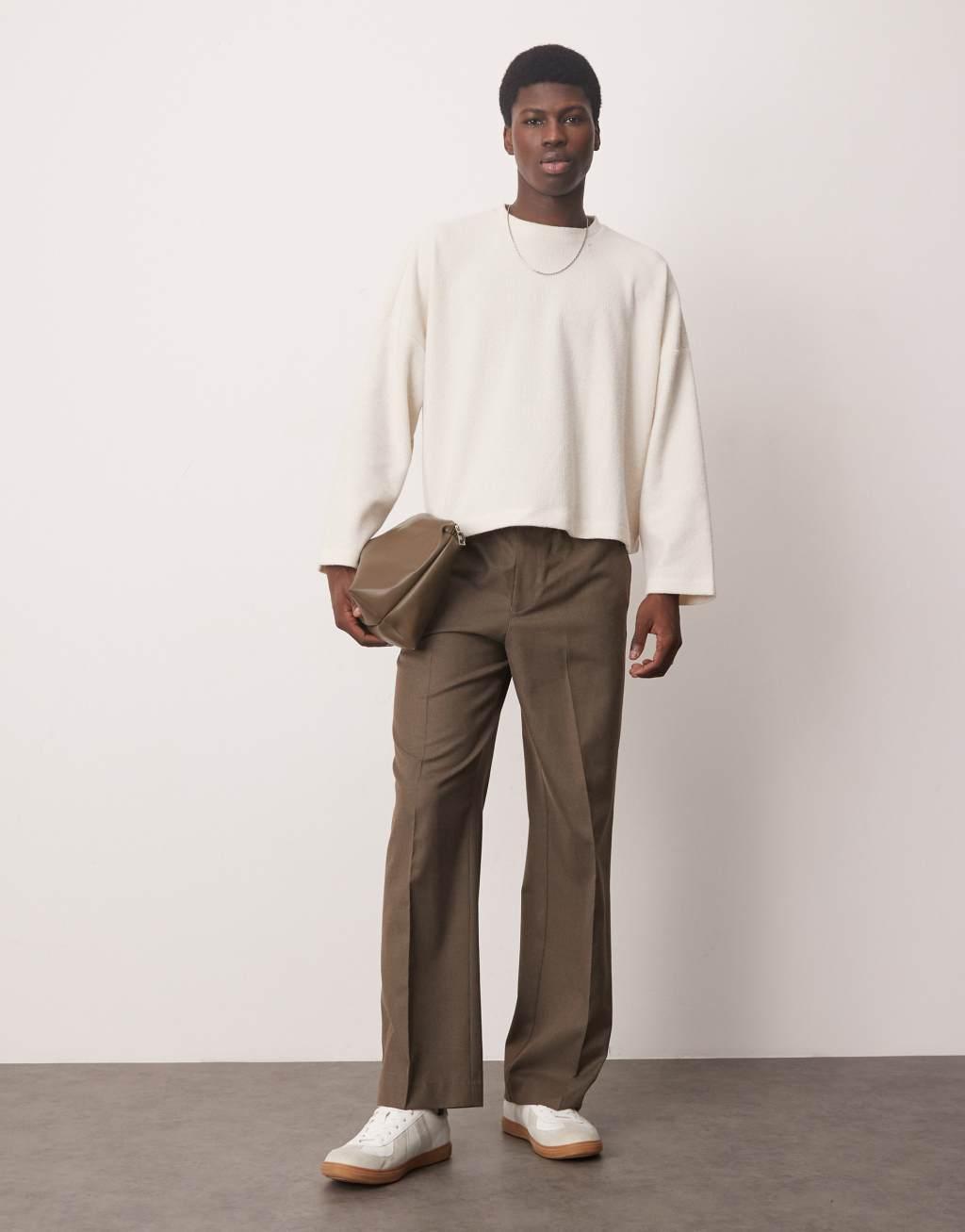 ASOS DESIGN super oversized cropped long sleeve t-shirt in brushed waffle in off white Product Image