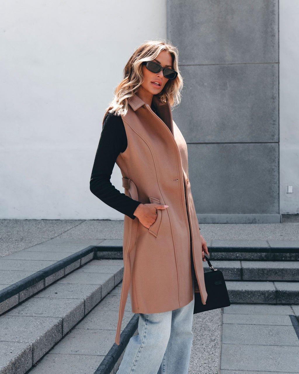 Vegan Wool Belted Vest - Khaki - FINAL SALE Product Image