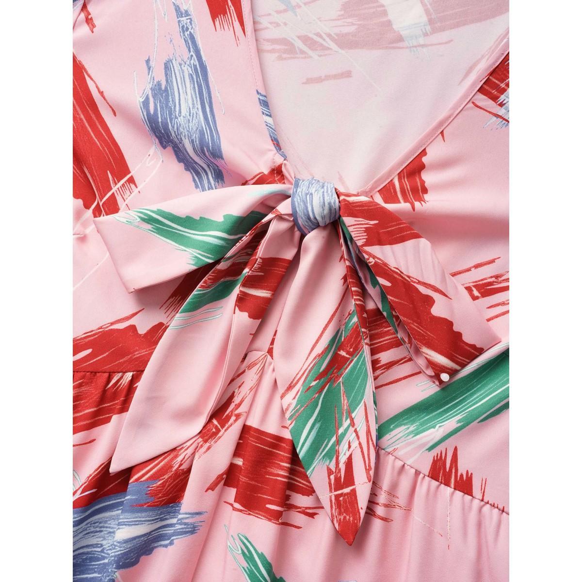 Plus Size Chiffon Floral Tiered Ruffles Split Hem Dress Nudepink Women Elegant Tie knot V-neck Half Sleeve Curvy BloomChic 22-24/3X Product Image