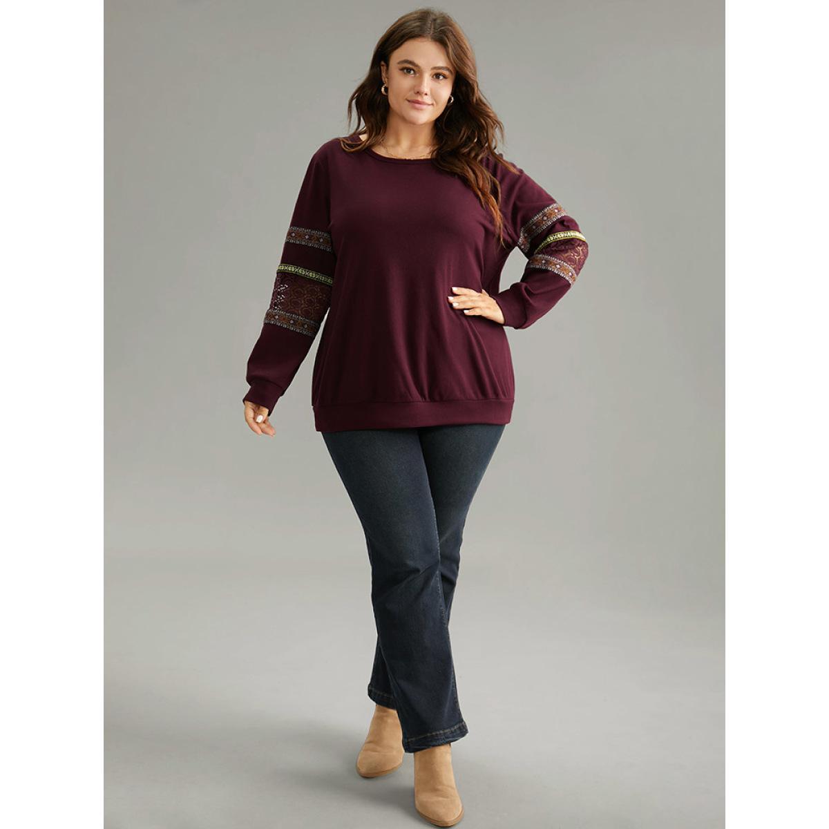 Plus Size Bandana Print Lace Insert Crew Neck Sweatshirt Women Burgundy Elegant Patchwork Round Neck Dailywear Sweatshirts BloomChic 30/6X Product Image