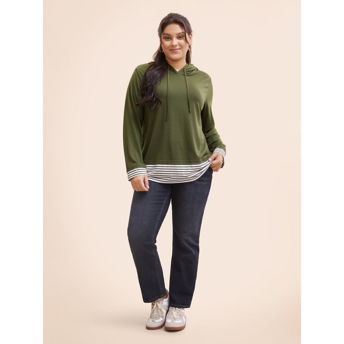 Plus Size Striped Patchwork Hooded Drawstring T-shirt ArmyGreen Women Casual Patchwork Striped Hooded Dailywear T-shirts BloomChic 26/4X Product Image