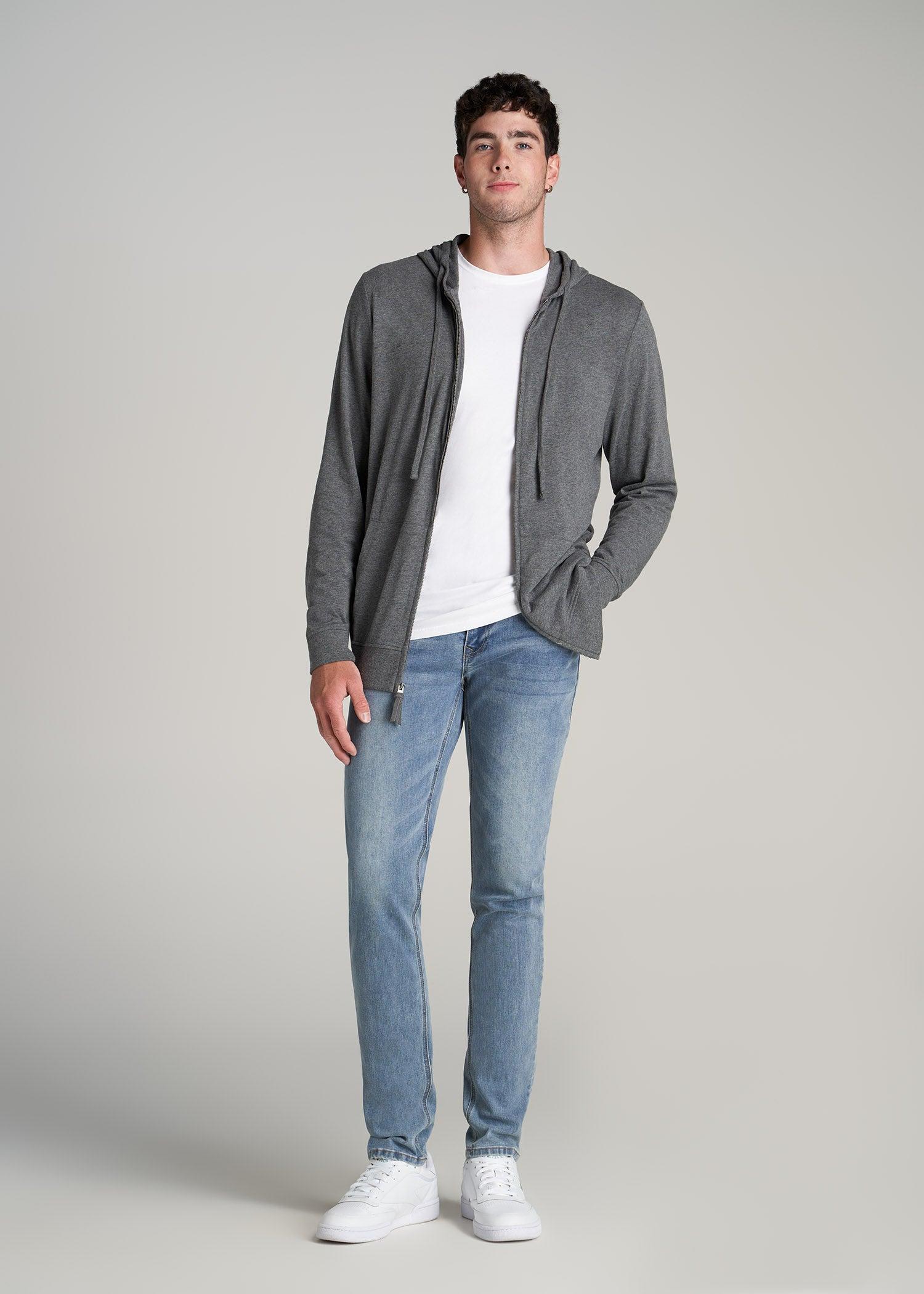 Long Sleeve Full Zip Jersey Hoodie for Tall Men in Charcoal Mix Product Image